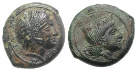 Sicily, Himera as Thermai Himerensis, c. 4th-3rd century BC. Æ (15mm, 3.54g, 3h). Head of Hera r. with stephane. R/ Head of Herakles in lion's skin r....