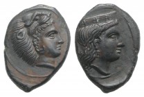 Sicily, Himera as Thermai Himerensis, c. 4th-3rd century BC. Æ (15mm, 1.86g, 12h). Head of Hera r. with stephane. R/ Head of Herakles in lion's skin r...
