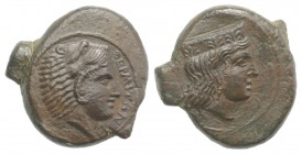 Sicily, Himera as Thermai Himerensis, c. 4th-3rd century BC. Æ (14mm, 3.00g, 6h). Head of Hera r. with stephane. R/ Head of Herakles in lion's skin r....