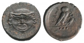 Sicily, Kamarina, c. 420-405 BC. Æ Tetras (18mm, 3.47g, 12h). Facing gorgoneion. R/ Owl standing r., head facing, grasping lizard; A to r. CNS III, 3;...