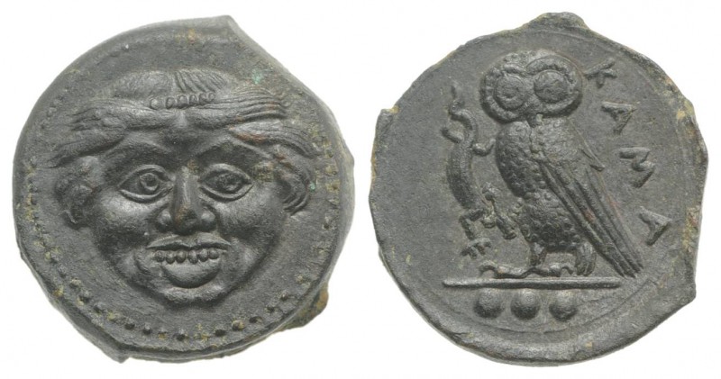 Sicily, Kamarina, c. 420-405 BC. Æ Tetras (13mm, 3.42g, 6h). Gorgoneion. R/ Owl ...