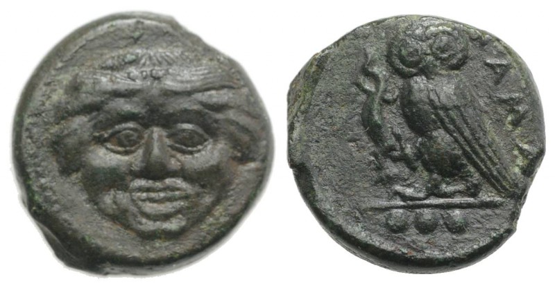 Sicily, Kamarina, c. 420-405 BC. Æ Tetras (12.5mm, 2.92g, 6h). Gorgoneion. R/ Ow...