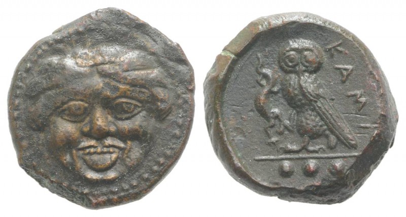 Sicily, Kamarina, c. 420-405 BC. Æ Tetras (14mm, 3.57g, 6h). Gorgoneion. R/ Owl ...