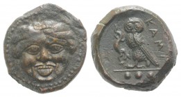 Sicily, Kamarina, c. 420-405 BC. Æ Tetras (14mm, 3.57g, 6h). Gorgoneion. R/ Owl standing l., head facing, holding lizard in talon. CNS III, 21; SNG AN...