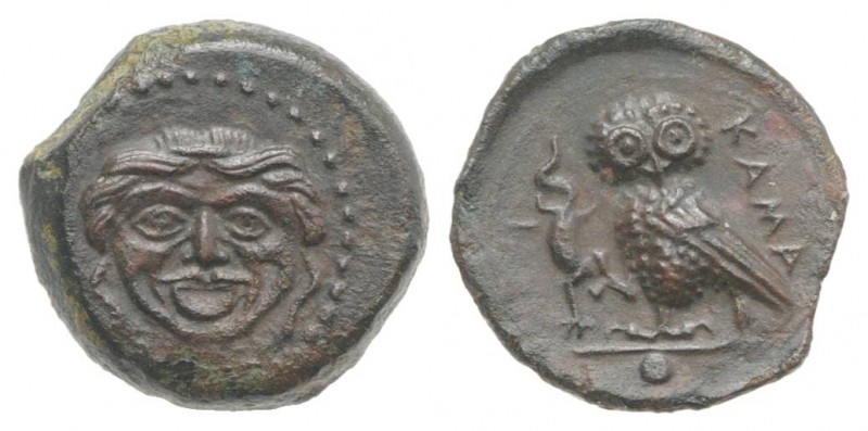 Sicily, Kamarina, c. 420-405 BC. Æ Onkia (10mm, 1.11g, 9h). Gorgoneion. R/ Owl s...