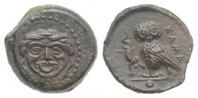 Sicily, Kamarina, c. 420-405 BC. Æ Onkia (10mm, 1.11g, 9h). Gorgoneion. R/ Owl standing l., head facing, holding lizard in talon. CNS III, 22; SNG ANS...