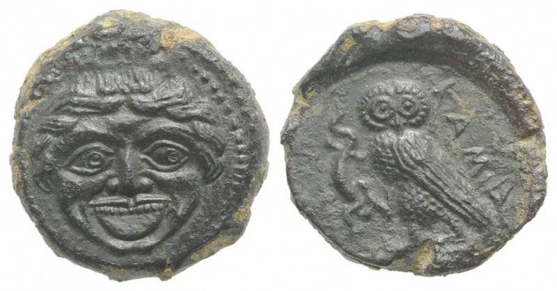 Sicily, Kamarina, c. 420-410 BC. Æ Tetras (14mm, 3.70g, 7h). Gorgoneion. R/ Owl ...
