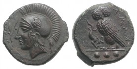 Sicily, Kamarina, c. 420-410 BC. Æ Tetras (15mm, 3.52g, 1h). Head of Athena l., wearing crested Corinthian helmet; olive spray before. R/ Owl standing...