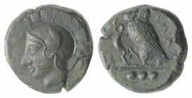 Sicily, Kamarina, c. 420-405 BC. Æ Tetras (14mm, 3.65g, 9h). Helmeted head of Athena l. R/ Owl standing l., head facing, clutching lizard with r. talo...