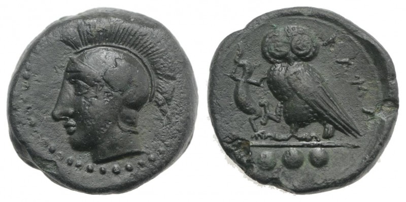 Sicily, Kamarina, c. 420-410 BC. Æ Tetras (13.5mm, 3.07g, 6h). Head of Athena l....