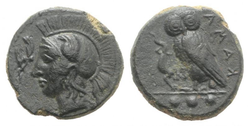 Sicily, Kamarina, c. 420-410 BC. Æ Tetras (14mm, 3.28g, 3h). Head of Athena l., ...