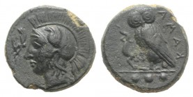 Sicily, Kamarina, c. 420-410 BC. Æ Tetras (14mm, 3.28g, 3h). Head of Athena l., wearing crested Corinthian helmet; olive-spray before. R/ Owl standing...