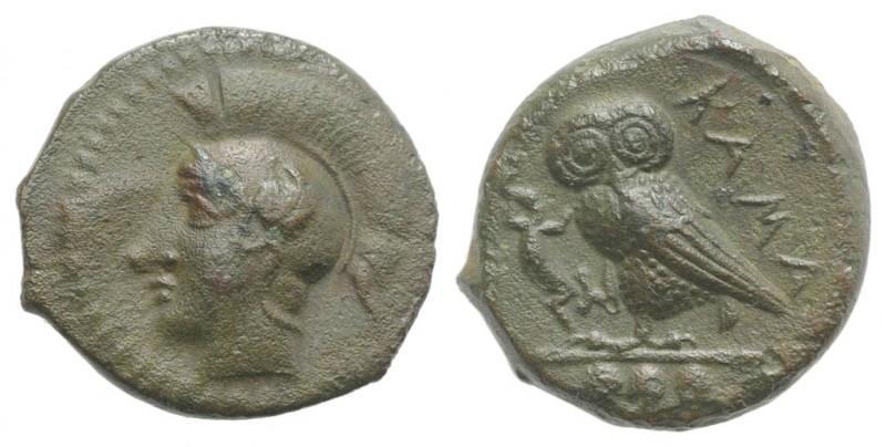 Sicily, Kamarina, c. 420-410 BC. Æ Tetras (14mm, 2.90g, 7h). Head of Athena l., ...