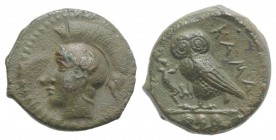 Sicily, Kamarina, c. 420-410 BC. Æ Tetras (14mm, 2.90g, 7h). Head of Athena l., wearing crested Corinthian helmet; olive-spray before. R/ Owl standing...