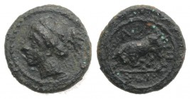 Sicily, Kamarina, c. 339/8-300 BC. Æ (11mm, 1.75g, 11h). Female head l. R/ Bull charging l. CNS III, 45; SNG ANS -; HGC 2, 558. Rare, near VF