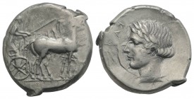 Sicily, Katane, c. 435-412 BC. AR Tetradrachm (27mm, 17.30g, 1h). Charioteer driving walking quadriga r., holding kentron and reins. R/ Laureate head ...