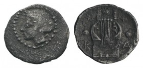 Sicily, Katane, c. 415-412 BC. AR Tetras - Trionkion (8mm, 0.17g, 6h). Laureate head of Apollo l. R/ Kithara; K-A flanking, three pellets around. SNG ...