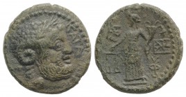 Sicily, Katane, c. 200-187 BC. Æ (21mm, 6.66g, 12h). Laureate head of Zeus Ammon r. R/ Dikaiosyne standing l., holding scales and cornucopia; monogram...