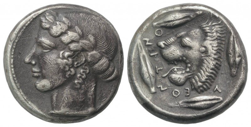 Sicily, Leontini, c. 440-430 BC. AR Tetradrachm (24mm, 16.82g, 9h). Laureate hea...