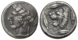 Sicily, Leontini, c. 440-430 BC. AR Tetradrachm (24mm, 16.82g, 9h). Laureate head of Apollo l. R/ Head of lion with open jaws l.; around, four barley ...