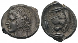 Sicily, Leontini, c. 430-425 BC. AR Tetradrachm (27.5mm, 17.31g, 6h). Laureate head of Apollo l. R/ Head of roaring lion r.; three barley grains aroun...