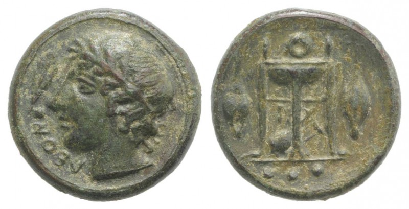 Sicily, Leontini, c. 405-402 BC. Æ Tetras (13mm, 2.51g, 10h). Laureate head of A...