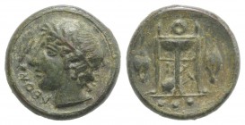 Sicily, Leontini, c. 405-402 BC. Æ Tetras (13mm, 2.51g, 10h). Laureate head of Apollo l.; ivy leaf with berry to l. R/ Tripod; barley grains flanking,...