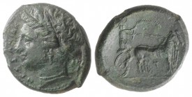 Sicily, Messana, 317-311 BC. Æ (26mm, 9.69g, 11h). Head of the nymph Messana l.; trident behind. R/ Biga of mules standing r., driven by Messana holdi...