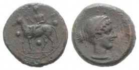 Sicily, Nakona, c. 410-405 BC. Æ Tetras or Trionkion (17mm, 4.14g, 3h). Silenos, holding thyrsos and kantharos, seated on donkey l.; three pellets aro...