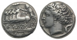 Sicily, Panormos as Ziz, c. 360-340 BC. AR Tetradrachm (23mm, 17.15g, 11h). Charioteer, holding kentron and reins, driving fast quadriga l.; above, Ni...