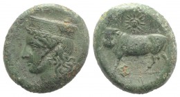 Sicily, Panormos as Ziz, c. 336-330 BC. Æ (25mm, 12.34g, 12h). Head of Hera l., wearing polos. R/ Man-headed bull standing l.; radiate head of Helios ...
