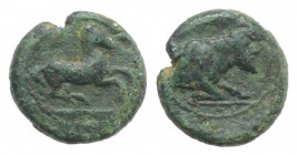 Sicily, Panormos as Ziz, c. 317-280 BC. Æ (10mm, 1.16g, 3h). Imitative issue(?). Horse galloping r. R/ Forepart of man-headed bull r. Cf. CNS I, 10; c...