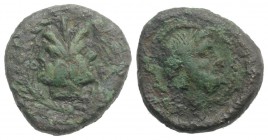 Sicily, Panormos(?), c. 2nd century BC. Æ (19mm, 6.61g, 6h). Janiform head within wreath. R/ Laureate head of Zeus r. CNS I, 144-6. HGC 2, -. Very Rar...