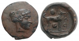 Sicily, Segesta, c. 416/5-414/3 BC. Æ Hexas (19.5mm, 7.92g, 11h). Head of Aigiste r., hair in band. R/ Hound standing r.; two pellets in field, volute...