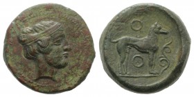 Sicily, Segesta, c. 416/5-414/3 BC. Æ Hexas (19mm, 7.59g, 6h). Head of Aigiste r., hair in band. R/ Hound standing r.; two annulets in field, volute t...
