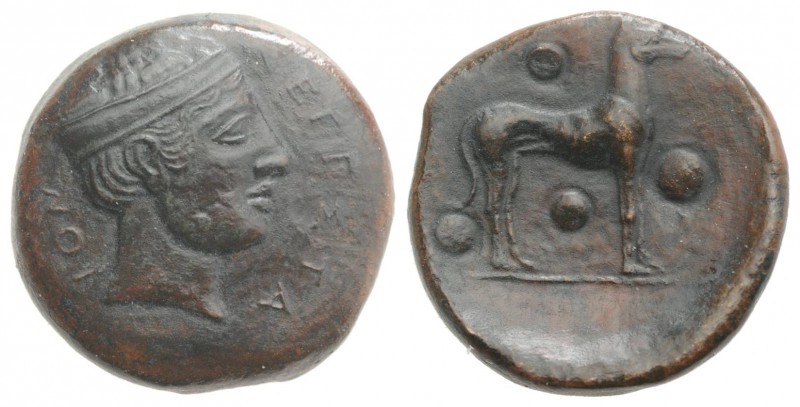 Sicily, Segesta, c. 430-410 BC. Æ Trias (18mm, 6.47g, 9h). Head of a nymph r., h...