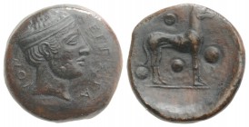 Sicily, Segesta, c. 430-410 BC. Æ Trias (18mm, 6.47g, 9h). Head of a nymph r., hair bound with taenia. R/ Hound standing r., four pellets around. CNS ...
