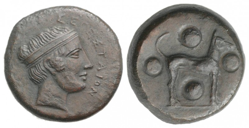 Sicily, Segesta, c. 430-410 BC. Æ Trias (17mm, 6.27g, 6h). Head of a nymph r., h...