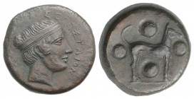 Sicily, Segesta, c. 430-410 BC. Æ Trias (17mm, 6.27g, 6h). Head of a nymph r., hair bound with taenia. R/ Hound standing r., four punched pellets arou...