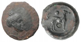 Sicily, Segesta, c. 416-415 BC. Æ Hexas (16mm, 3.69g, 3h). Head of Aigiste r. R/ Hound standing r.; punched pellet above and below. CNS I 21; HGC 2, 1...
