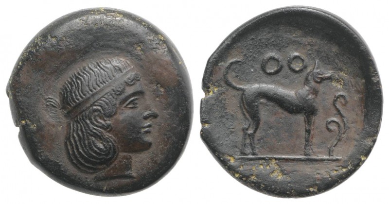 Sicily, Segesta, c. 410-400 BC. Æ Hexas (16mm, 3.86g, 6h). Head of Aigiste r. R/...