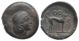 Sicily, Segesta, c. 410-400 BC. Æ Hexas (16mm, 3.86g, 6h). Head of Aigiste r. R/ Hound standing r.; two annulets above, volute to r. CNS I, 30; cf. HG...