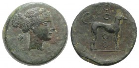 Sicily, Segesta, c. 400-390 BC. Æ Trias (20mm, 7.31g, 7h). Head of Aigiste r.; ivy-leaf behind. R/ Hound standing r.; four annulets. CNS I, 36; HGC 2,...