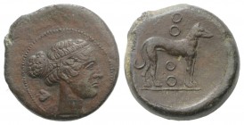 Sicily, Segesta, c. 400-390 BC. Æ Trias (20mm, 7.74g, 3h). Head of Aigiste r.; ivy-leaf behind. R/ Hound standing r.; four annulets. CNS I, 36; HGC 2,...