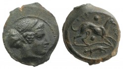 Sicily, Segesta, c. 400-390 BC. Æ Hexas (19mm, 6.02g, 72h). Head of Aigiste r., wearing sphendone. R/ Hound standing r.; two pellets, weasel in exergu...