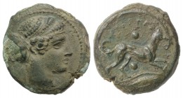 Sicily, Segesta, c. 400-390 BC. Æ Hexas (17mm, 4.59g, 12h). Head of Aigiste r., wearing sphendone. R/ Hound standing r.; two pellets, weasel in exergu...