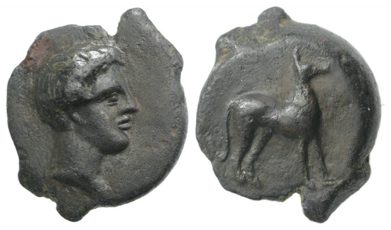 Sicily, Segesta, c. 390-380 BC. Æ (16mm, 3.40g, 6h). Head of Aigiste r. R/ Hound...