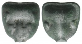 Sicily, Selinos, c. 450-440 BC. Cast Æ Hexas (15mm, 4.92g, 12h). Silenus mask facing. R/ Celery leaf. CNS I, 9; HGC 2, 1236. Green patina, VF