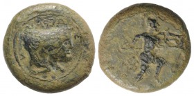 Sicily, Sileraioi, c. 354/3-344 BC. Æ (21mm, 8.41g, 12h). Forepart of man-headed bull r. R/ Warrior advancing r., holding shield and spear. Campana 2;...