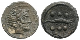 Sicily, Soloi (Kefra), c. 415-406 BC. Æ Hemilitron (21mm, 7.01g, 11h). Head of Herakles r., wearing lion skin. R/ Crawfish r.; six pellets (mark of va...